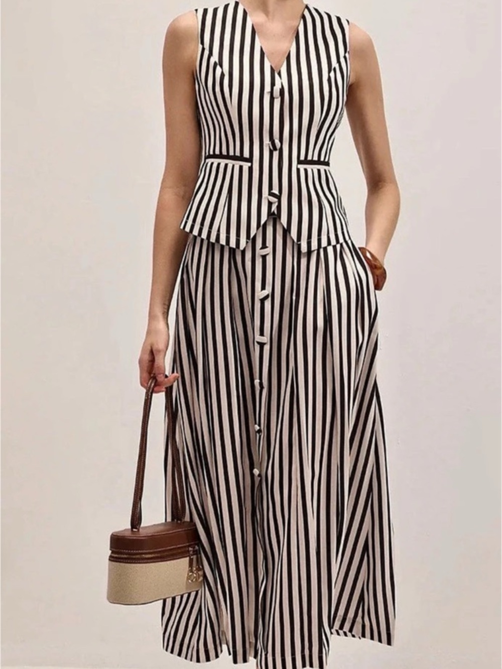 Commense Striped Sleeveless Vest & Maxi Skirt Set Black & White M